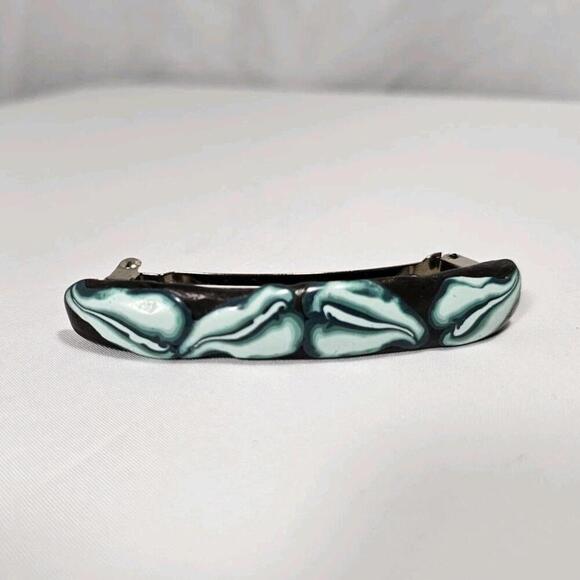 Accessories - VTG Artisan made Polymer clay hair barrette Clip Turquoise Black floral FRANCE